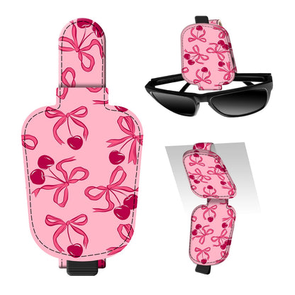 Leather Magnetic Sunglass Holder for Car Sun Visor, Cute Eyeglass Ticket Card Hanger Clip, Universal Auto Interior Accessories for SUV Pickup Truck Pink Bow