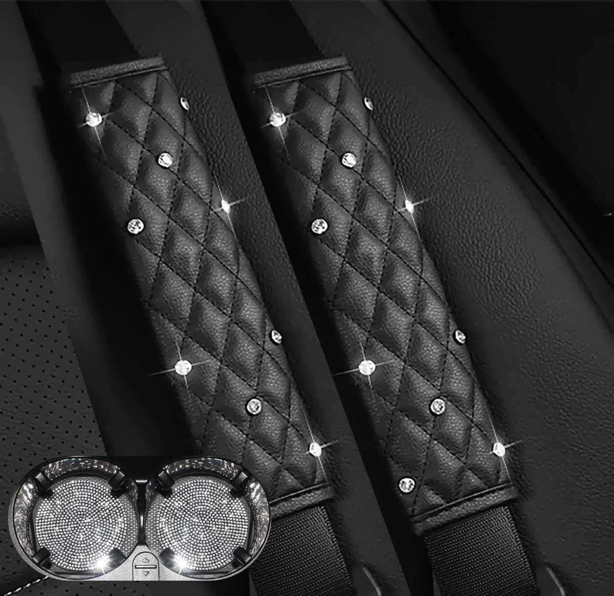 2PCS Bling Car Seatbelt Strap Covers for Women Girls - Crystal Rhinestone Velvet Shoulder Pad Protector - Diamond Shine Safety Shoulder Pad, Car Decor Interior Accessories