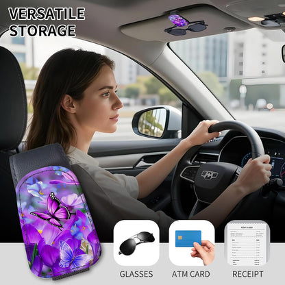 Sunglasses Holder for Car Visor, PU Leather Glasses Clip Organizer, Cute Magnetic Eyeglass Holder for Vehicle Sun Visor, Car Interior Accessory for Women & Men Purple Butterfly Bloom