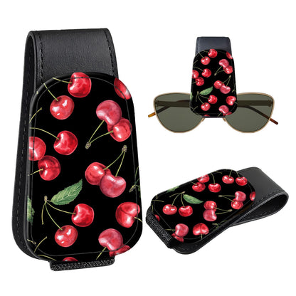 Leather Magnetic Sunglass Holder for Car Sun Visor, Cute Eyeglass Ticket Card Hanger Clip, Universal Auto Interior Accessories for SUV Pickup Truck, Cherry Pattern