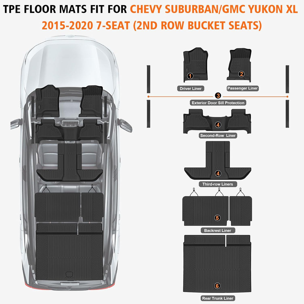 All Weather Floor Mats Full Sets for 2015-2020 Chevy Chevrolet Suburban