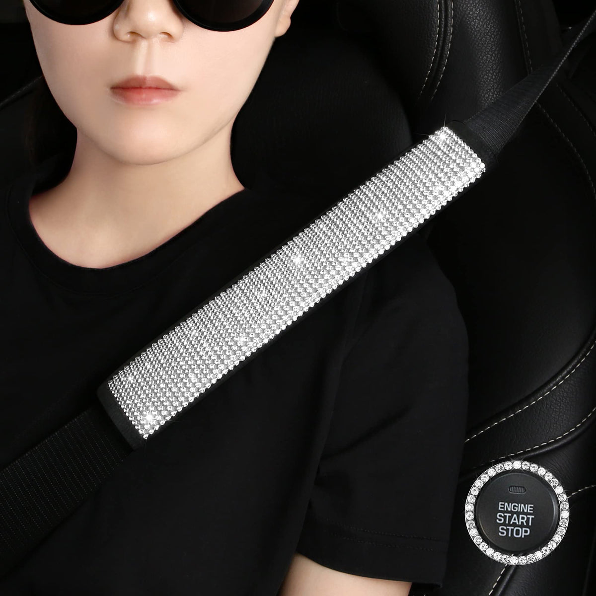 HighnessHwoo Bling Car Seatbelt Covers for Women Girls, Rhinestone Crystal Velvet Seat Belt Cushion Pad Cover Protector, Diamond Shine Safety Shoulder Pad, Car Interior Accessories, 2pcs, Pink, 25cm