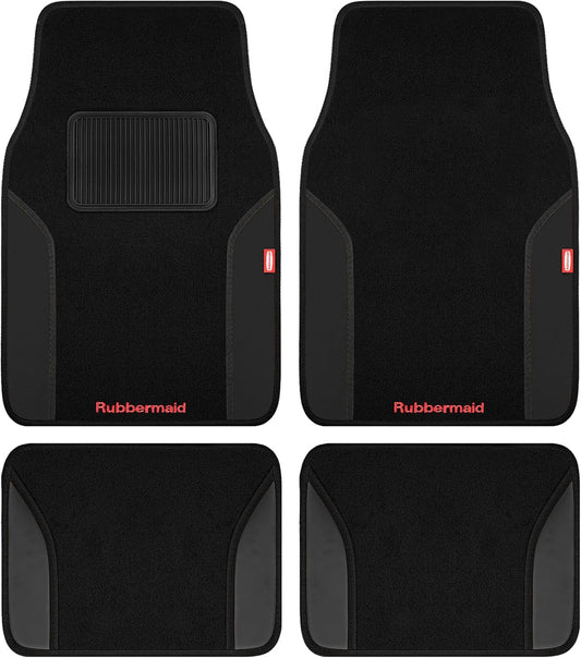 Rubbermaid Car Mats, Carpeted Floor Car Mat with Faux Leather & Built-in Heel Pad, Two-Tone Car Rug Floor Mats, Stylish Carpeted Floor Mats for Cars, Trucks & SUVs Black Color