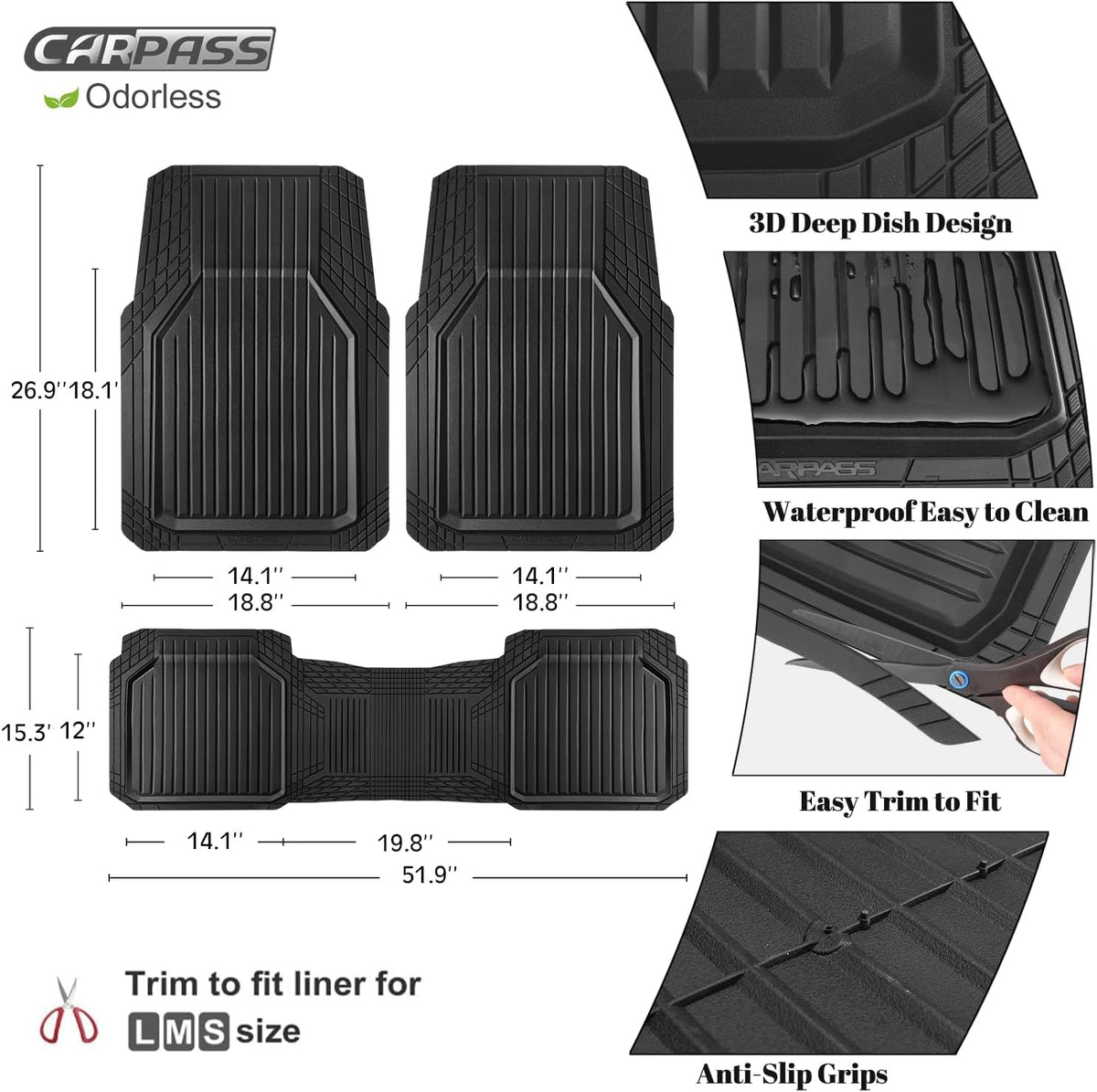 CAR PASS Heavy Duty Rubber Floor Mats for Car, Waterproof All Weather Car Floor Mats, Universal Trim-to-Fit for SUV Truck Sedans Vans, Automotive Floor Mats 3 piece car mats Full Set, Solid Black