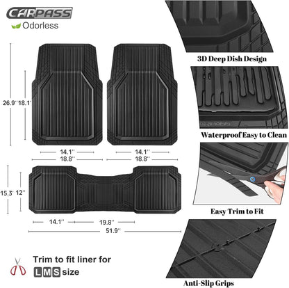 CAR PASS Heavy Duty Rubber Floor Mats for Car, Waterproof All Weather Car Floor Mats, Universal Trim-to-Fit for SUV Truck Sedans Vans, Automotive Floor Mats 3 piece car mats Full Set, Solid Black