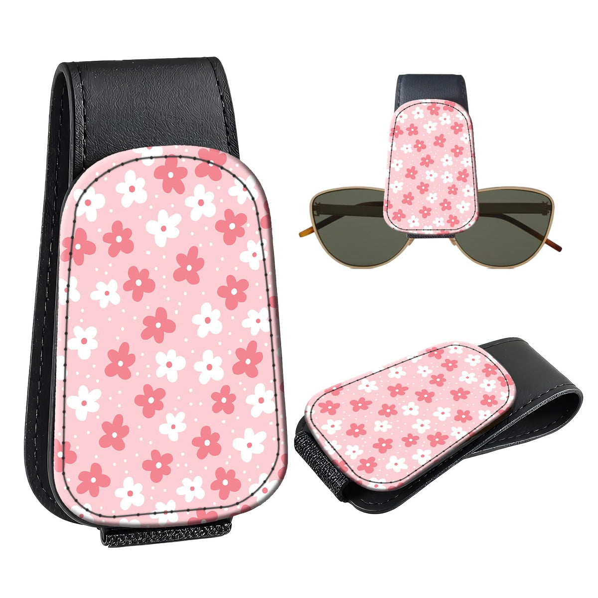 Leather Magnetic Sunglass Holder for Car Sun Visor, Cute Eyeglass Ticket Card Hanger Clip, Universal Auto Interior Accessories for SUV Pickup Truck, Beige Flower