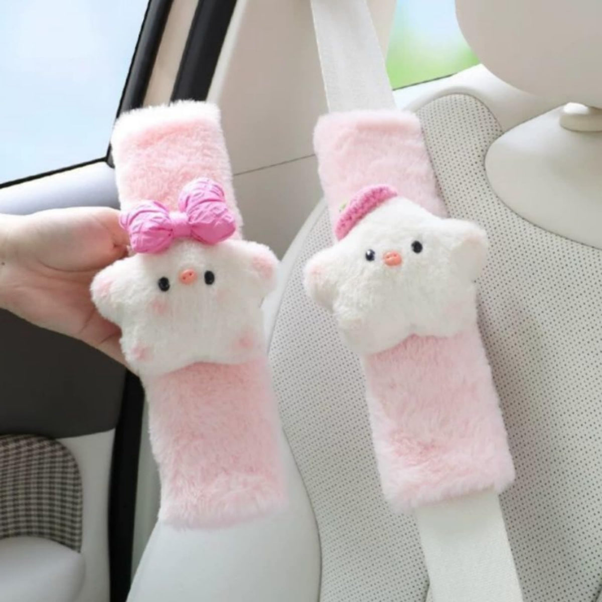 2 PCS Seat Belt Cover Pad, Cute Kawaii Star Soft Seatbelt Covers for Kids, Pink Womens Seatbelt Cushion, Car Seat Strap Pads (Bow+Hat)