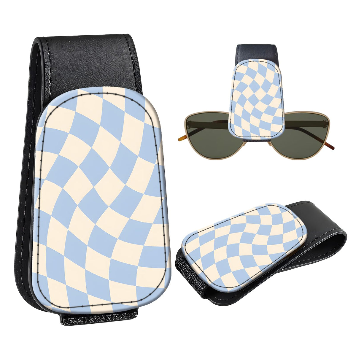 Leather Magnetic Sunglass Holder for Car Sun Visor, Cute Eyeglass Ticket Card Hanger Clip, Universal Auto Interior Accessories for SUV Pickup Truck, Sun Moon