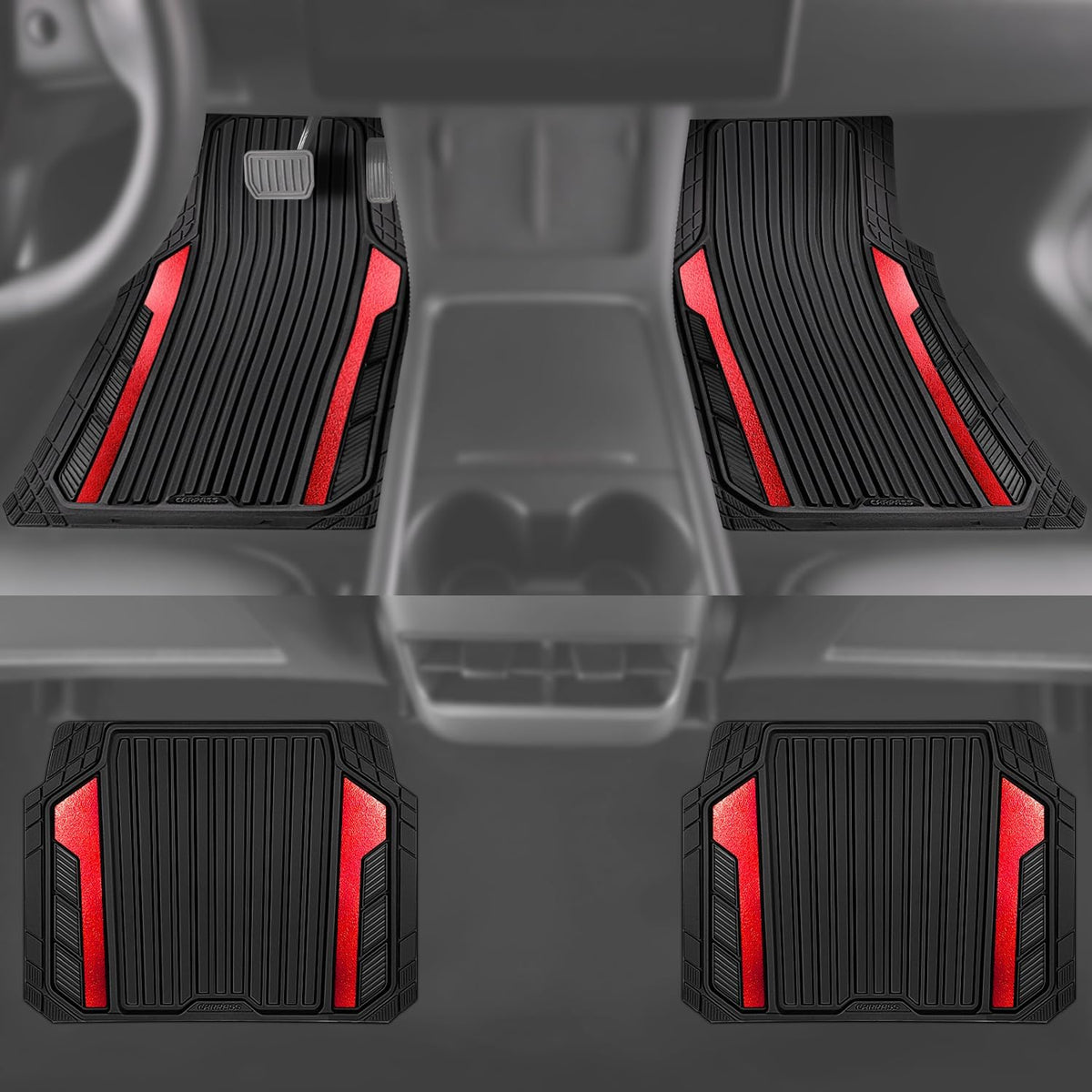 CAR PASS Heavy Duty Rubber Car Mats Metallic, Aluminum Film All Weather Floor Mats Waterproof Universal Trim to Fit Automotive SUV Sedan Van 4 Piece Anodized Deep Dish Two-Tone Sporty Black Red Chrome