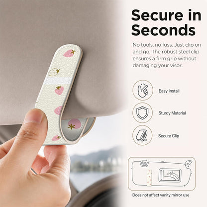 Sunglasses Holder for Car Visor, PU Leather Glasses Clip Organizer, Cute Magnetic Eyeglass Holder for Vehicle Sun Visor, Car Interior Accessory for Women & Men, Tiny Strawberries