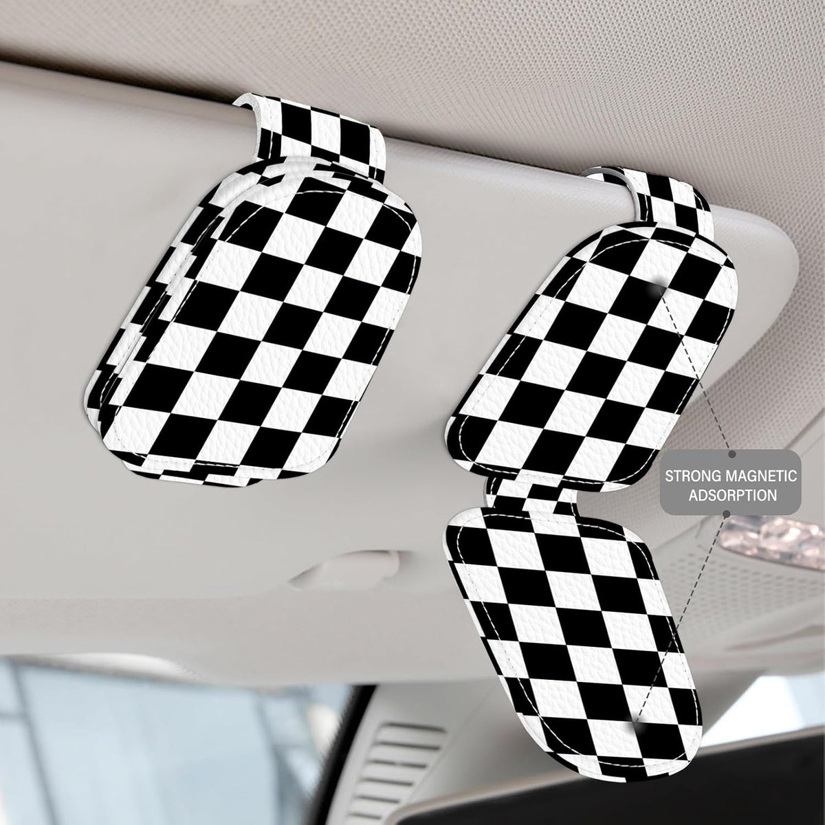 2 Pack Magnetic Leather Sunglass Holder, Universal Magnetic Car Eyeglass Hanger Clip for Different Size Eyeglasses, Car Visor Accessories (Black Plaid)