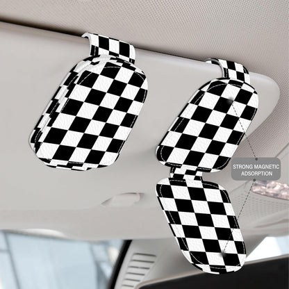 2 Pack Magnetic Leather Sunglass Holder, Universal Magnetic Car Eyeglass Hanger Clip for Different Size Eyeglasses, Car Visor Accessories (Black Plaid)
