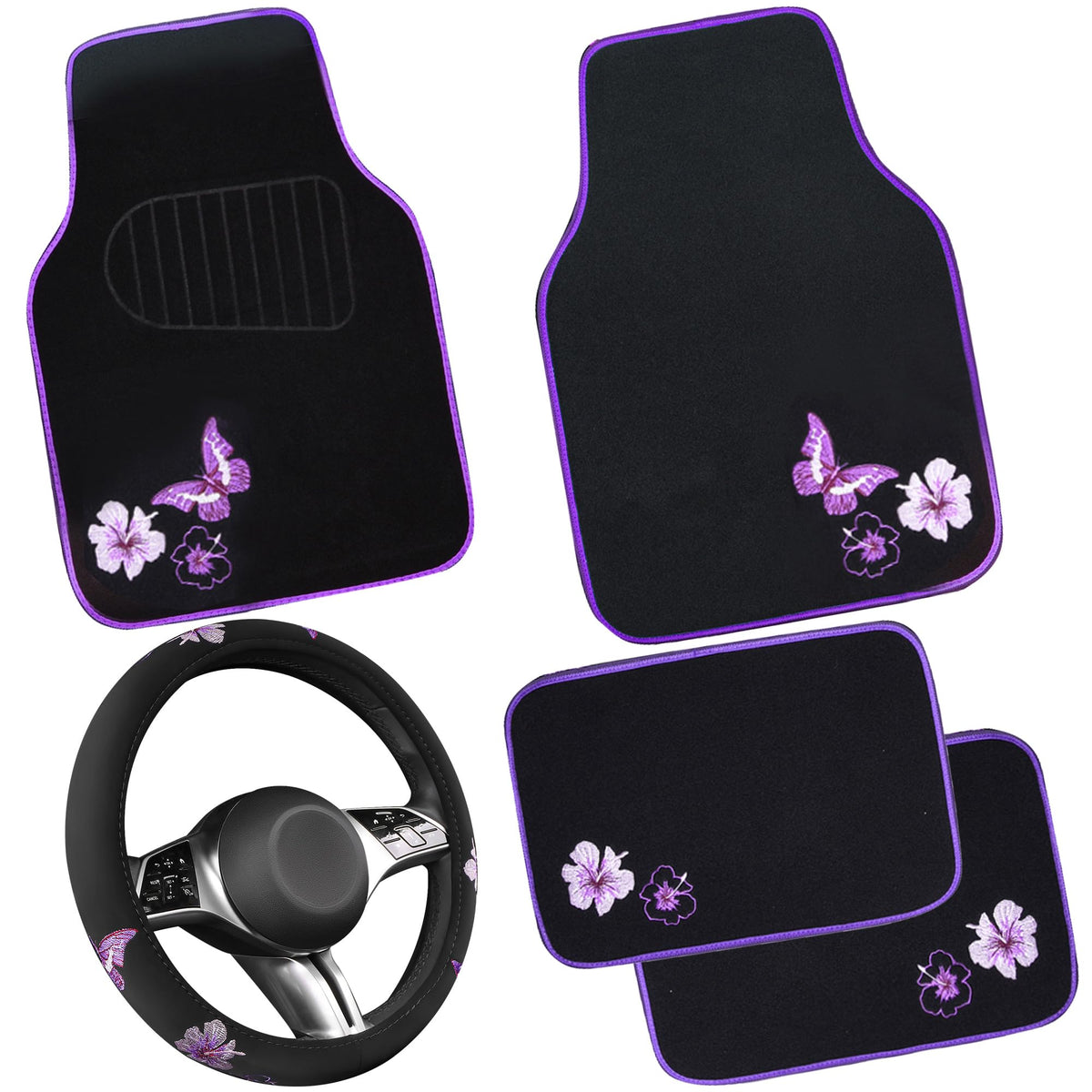 CAR PASS Embroidery Butterfly and Flower Car Floor Mats, Pink Car Floor Mats Universal Fit 95% Automotive,SUVS,Sedan,Vans,for Cute Women,Girly,Set of 4 (Black with Pink)
