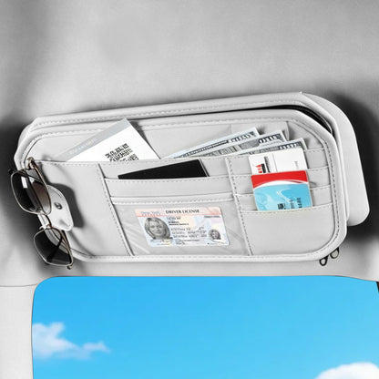 Car Sun Visor Organizer with Multi Pockets PU Leather Zipper Bag