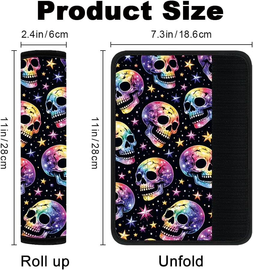 2Pcs Rainbow Skull Soft Auto Seat Belt Cover Pad 11" x 2.4"