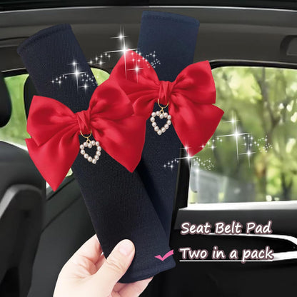 Fashion Big Bow Car Seat Belt Cover Shoulder Strap Pads (2 Pcs), Cute Car Accessories Seatbelt Covers Protector Universal (Red Bow Black Cover)