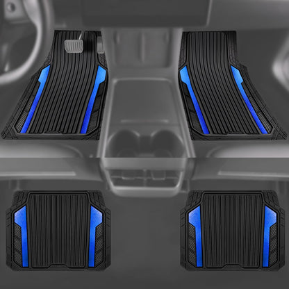 CAR PASS Heavy Duty Rubber Car Mats Metallic,Aluminum Film All Weather Floor Mats Waterproof Universal Trim to Fit Automotive SUV Sedan Van 4 Piece Anodized Deep Dish Two-Tone Sporty Black Blue Chrome