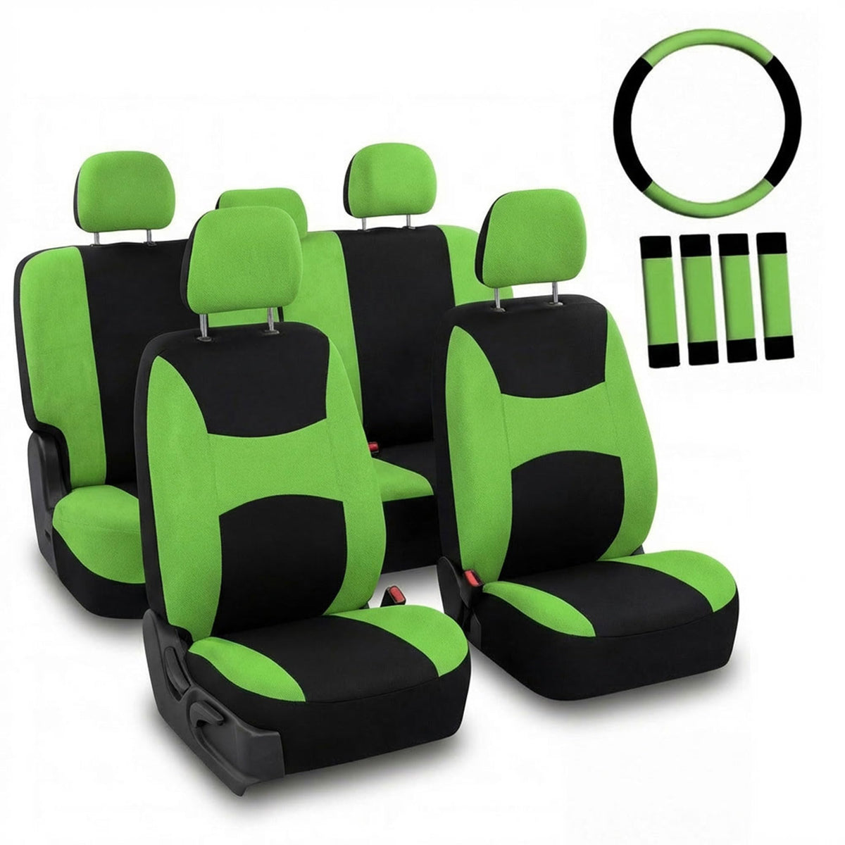 Automotive Seat Covers Beige Black Universal Fit Seat Cover Combo Set with Steering Wheel Cover and Seat Belt Pad (Airbag Compatible and Split Bench)