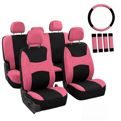 Automotive Seat Covers Beige Black Universal Fit Seat Cover Combo Set with Steering Wheel Cover and Seat Belt Pad (Airbag Compatible and Split Bench)
