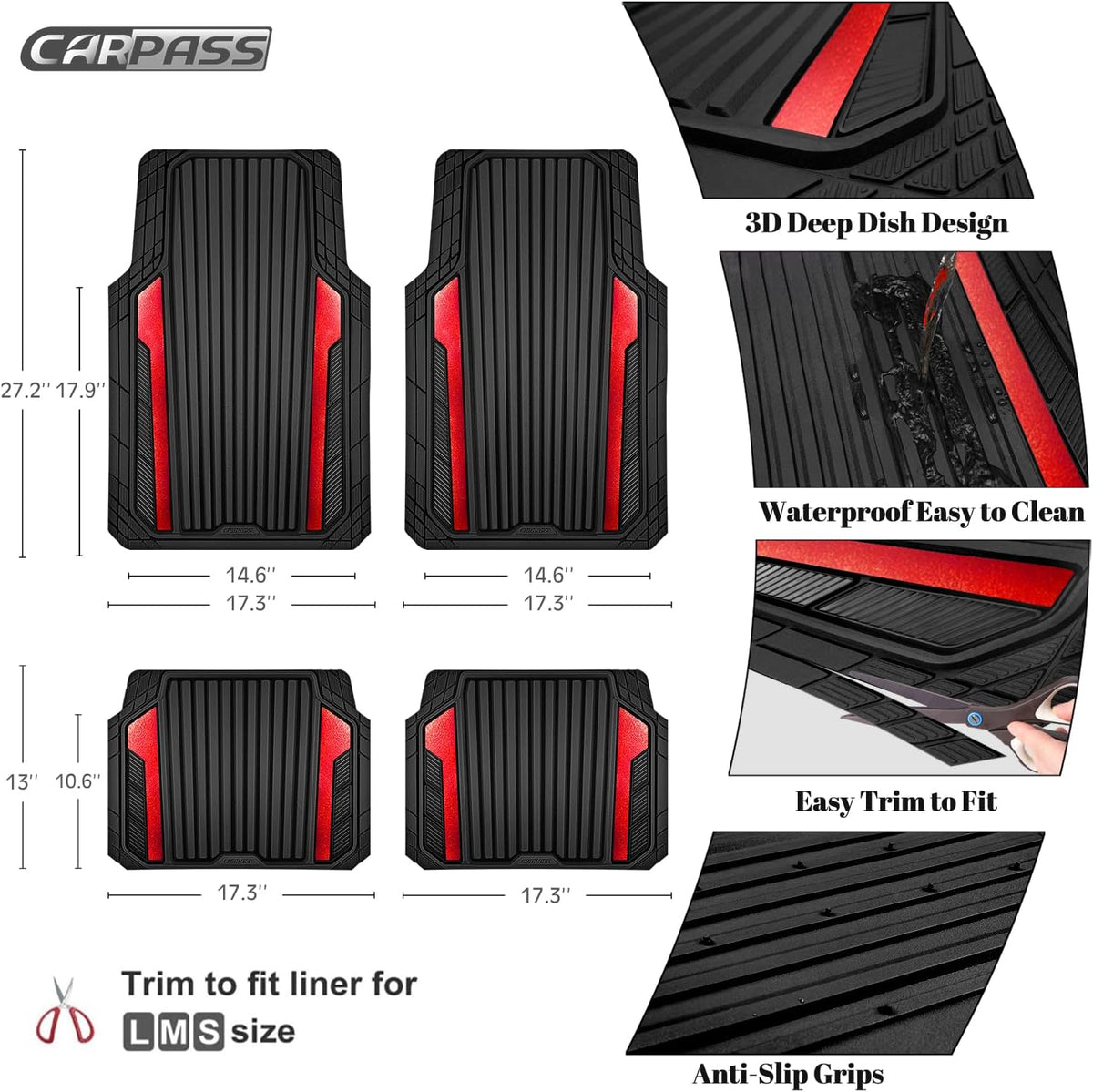 CAR PASS Heavy Duty Rubber Car Mats Metallic, Aluminum Film All Weather Floor Mats Waterproof Universal Trim to Fit Automotive SUV Sedan Van 4 Piece Anodized Deep Dish Two-Tone Sporty Black Red Chrome