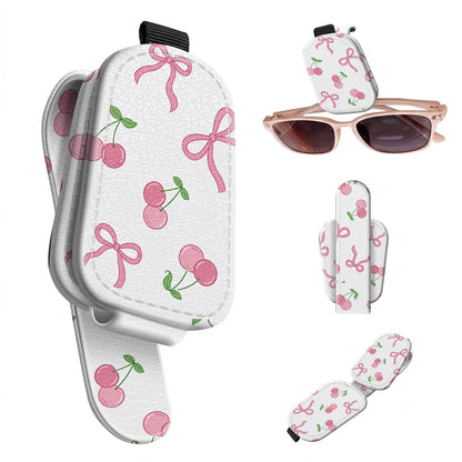 Sunglasses Holder for Car Visor, PU Leather Glasses Clip Organizer, Cute Magnetic Eyeglass Holder for Vehicle Sun Visor, Car Interior Accessory for Women & Men, Tiny Strawberries