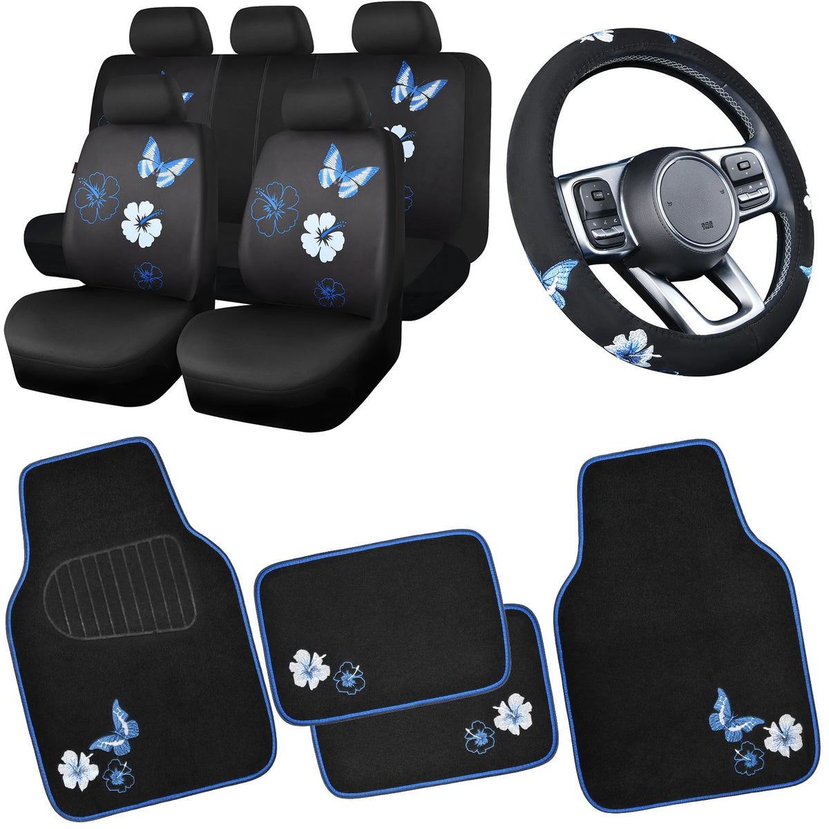 CAR PASS Embroidery Butterfly and Flower Car Floor Mats, Pink Car Floor Mats Universal Fit 95% Automotive,SUVS,Sedan,Vans,for Cute Women,Girly,Set of 4 (Black with Pink)