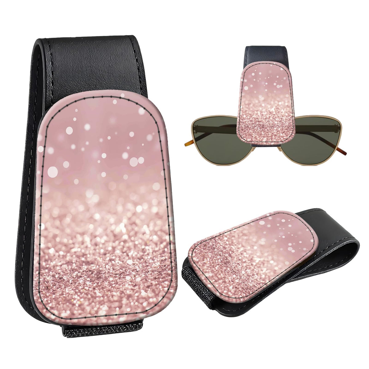 Leather Magnetic Sunglass Holder for Car Sun Visor, Cute Eyeglass Ticket Card Hanger Clip, Universal Auto Interior Accessories for SUV Pickup Truck, Cherry Pattern
