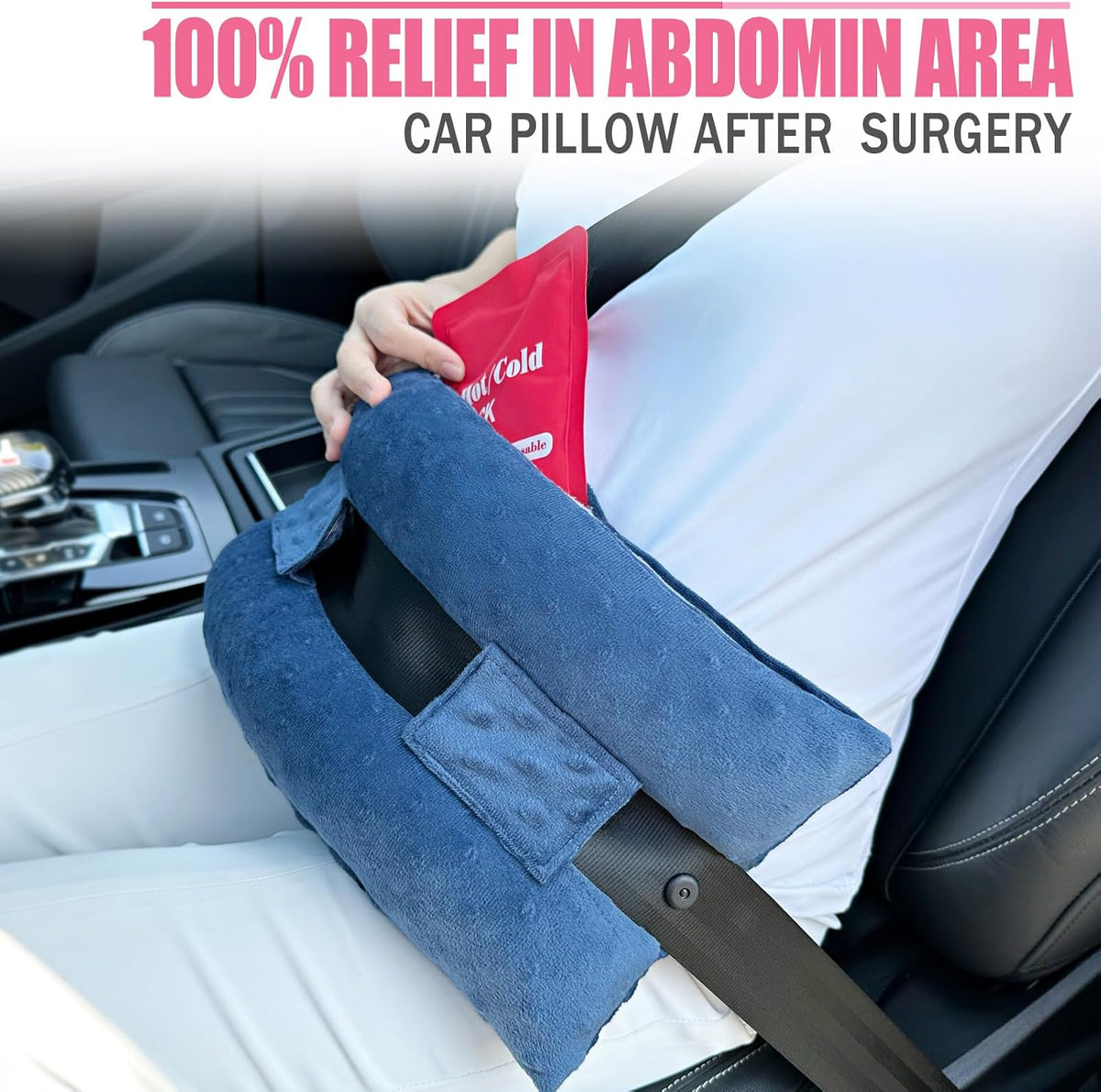Hysterectomy Seatbelt Pillow for Post Surgery, Hysterectomy Recovery Must Have, Abdominal Pillows with Ice/Hot Pocket Tummy Tuck Cushions Seat Belt Padding Protectors, Minky Dot Denim Blue