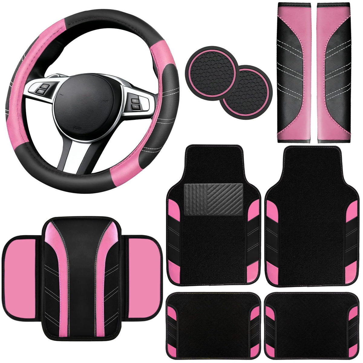 NBTEPEM 6 Pcs Pink Steering Wheel Cover Set, Sport Microfiber Leather Steering Wheel Cover 14.5-15inch Universal, Car Center Console Cover, Seat Belt Cushion, Cup Coasters, Pink Car Accessories Set