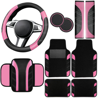 NBTEPEM 6 Pcs Pink Steering Wheel Cover Set, Sport Microfiber Leather Steering Wheel Cover 14.5-15inch Universal, Car Center Console Cover, Seat Belt Cushion, Cup Coasters, Pink Car Accessories Set