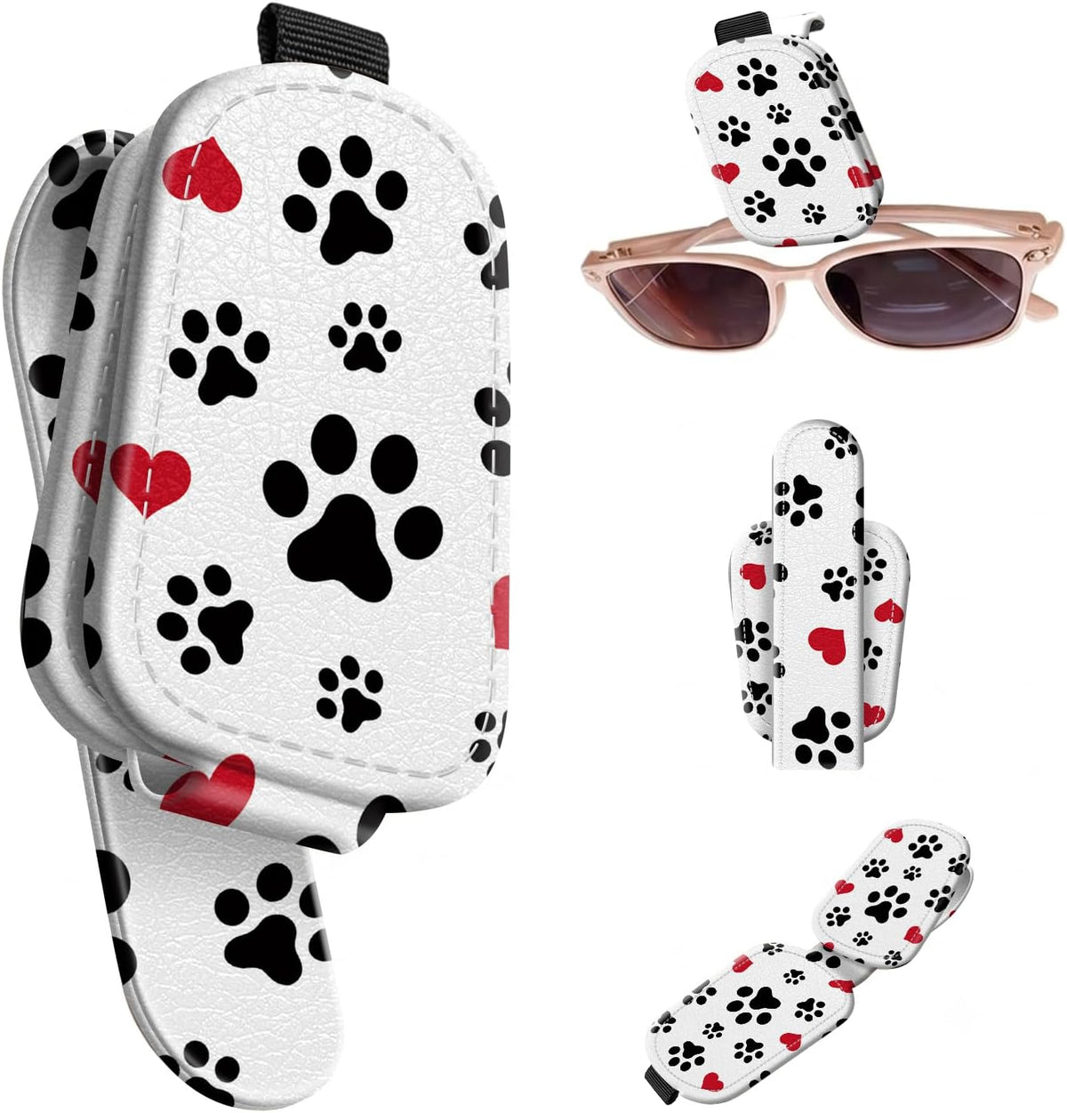 Sunglasses Holder for Car Visor, PU Leather Glasses Clip Organizer, Cute Magnetic Eyeglass Holder for Vehicle Sun Visor, Car Interior Accessory for Women & Men, Paw Hearts