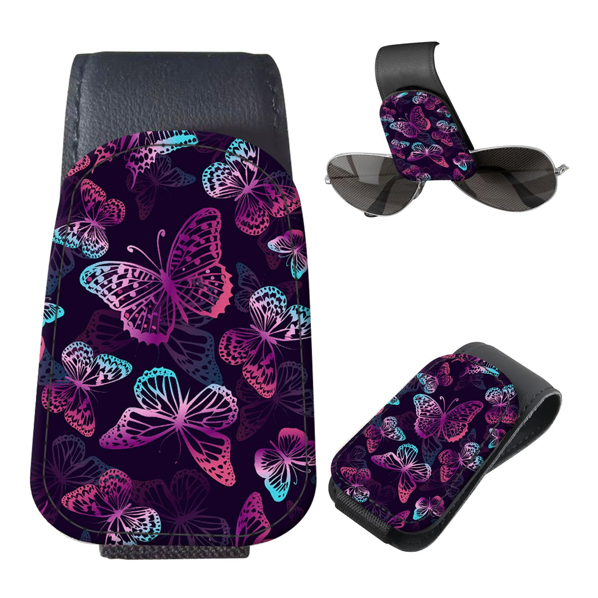 Sunglasses Holder for Car Visor, PU Leather Glasses Clip Organizer, Cute Magnetic Eyeglass Holder for Vehicle Sun Visor, Car Interior Accessory for Women & Men Purple Butterfly Bloom