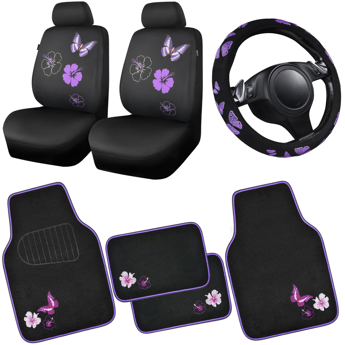 CAR PASS Embroidery Butterfly and Flower Car Floor Mats, Pink Car Floor Mats Universal Fit 95% Automotive,SUVS,Sedan,Vans,for Cute Women,Girly,Set of 4 (Black with Pink)