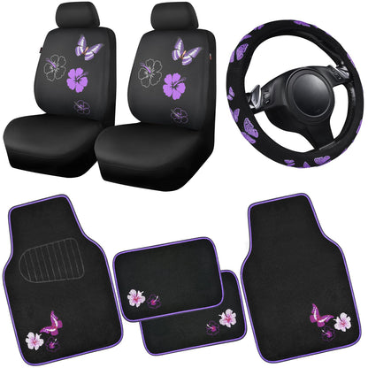 CAR PASS Embroidery Butterfly and Flower Car Floor Mats, Pink Car Floor Mats Universal Fit 95% Automotive,SUVS,Sedan,Vans,for Cute Women,Girly,Set of 4 (Black with Pink)