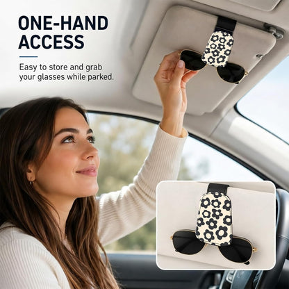 Leather Magnetic Sunglass Holder for Car Sun Visor, Cute Eyeglass Ticket Card Hanger Clip, Universal Auto Interior Accessories for SUV Pickup Truck, Beige Flower