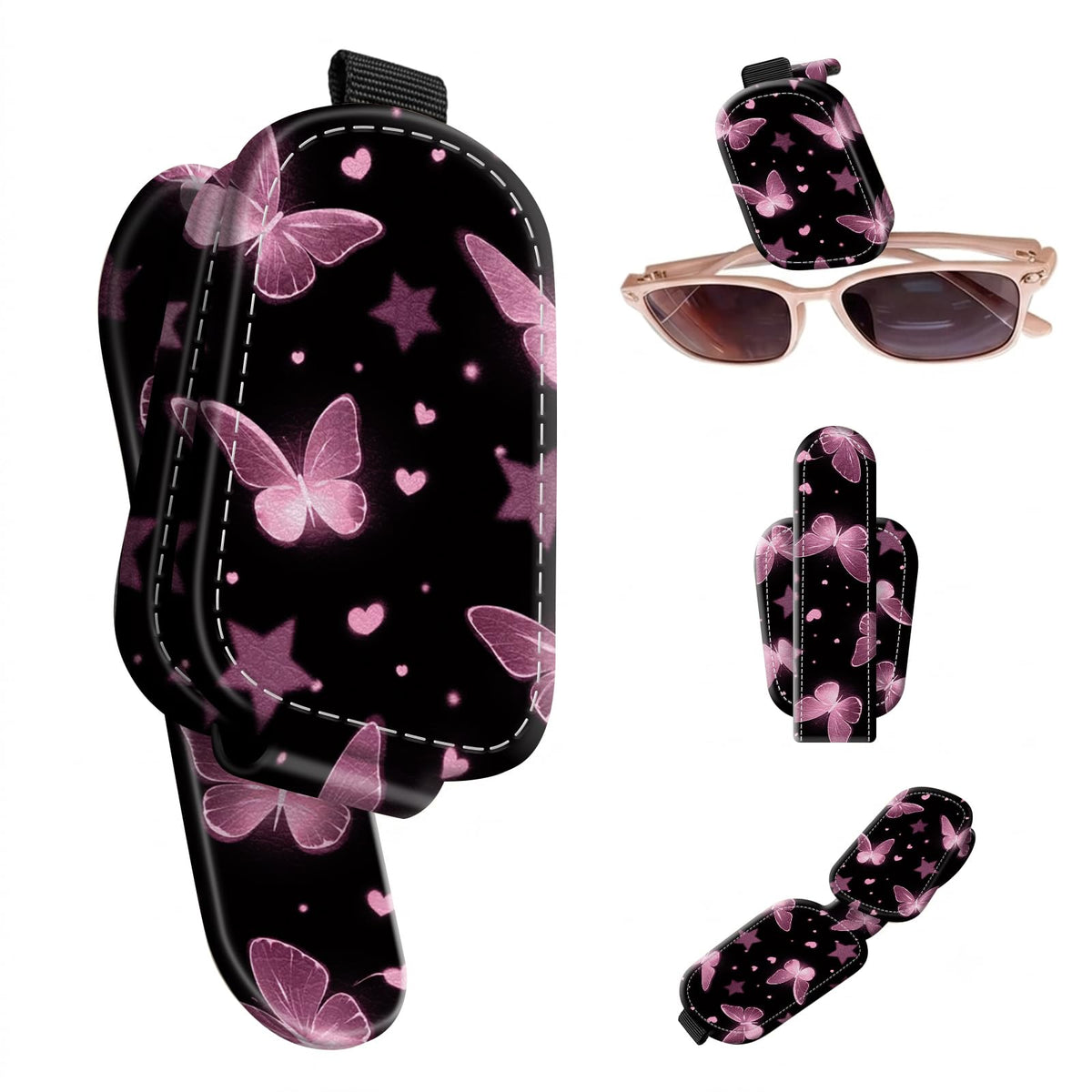 Sunglasses Holder for Car Visor, PU Leather Glasses Clip Organizer, Cute Magnetic Eyeglass Holder for Vehicle Sun Visor, Car Interior Accessory for Women & Men, Glitter