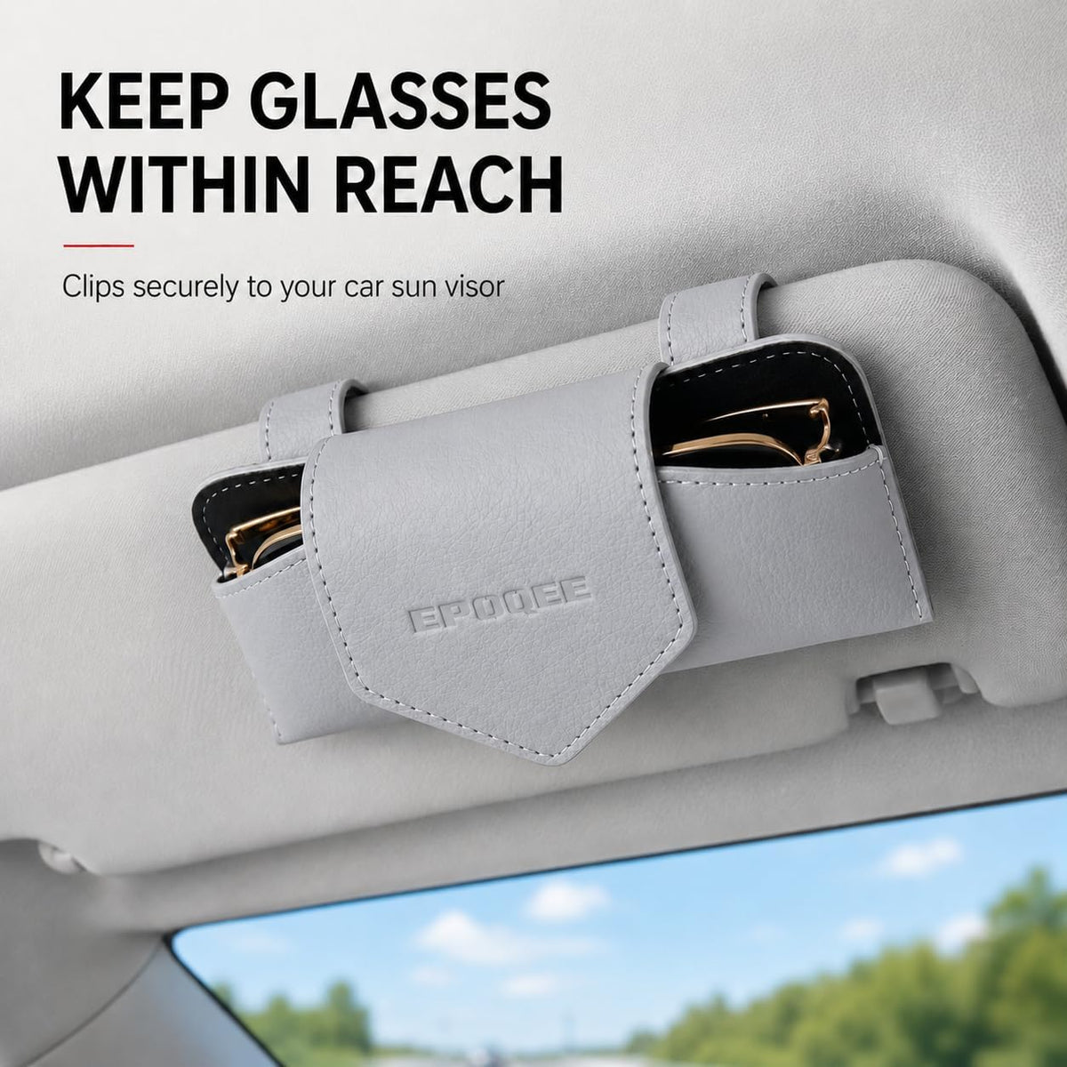 Sunglasses Holder for Car Visor, Enclosed Leather Case, Light Gray