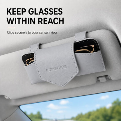 Sunglasses Holder for Car Visor, Enclosed Leather Case, Light Gray