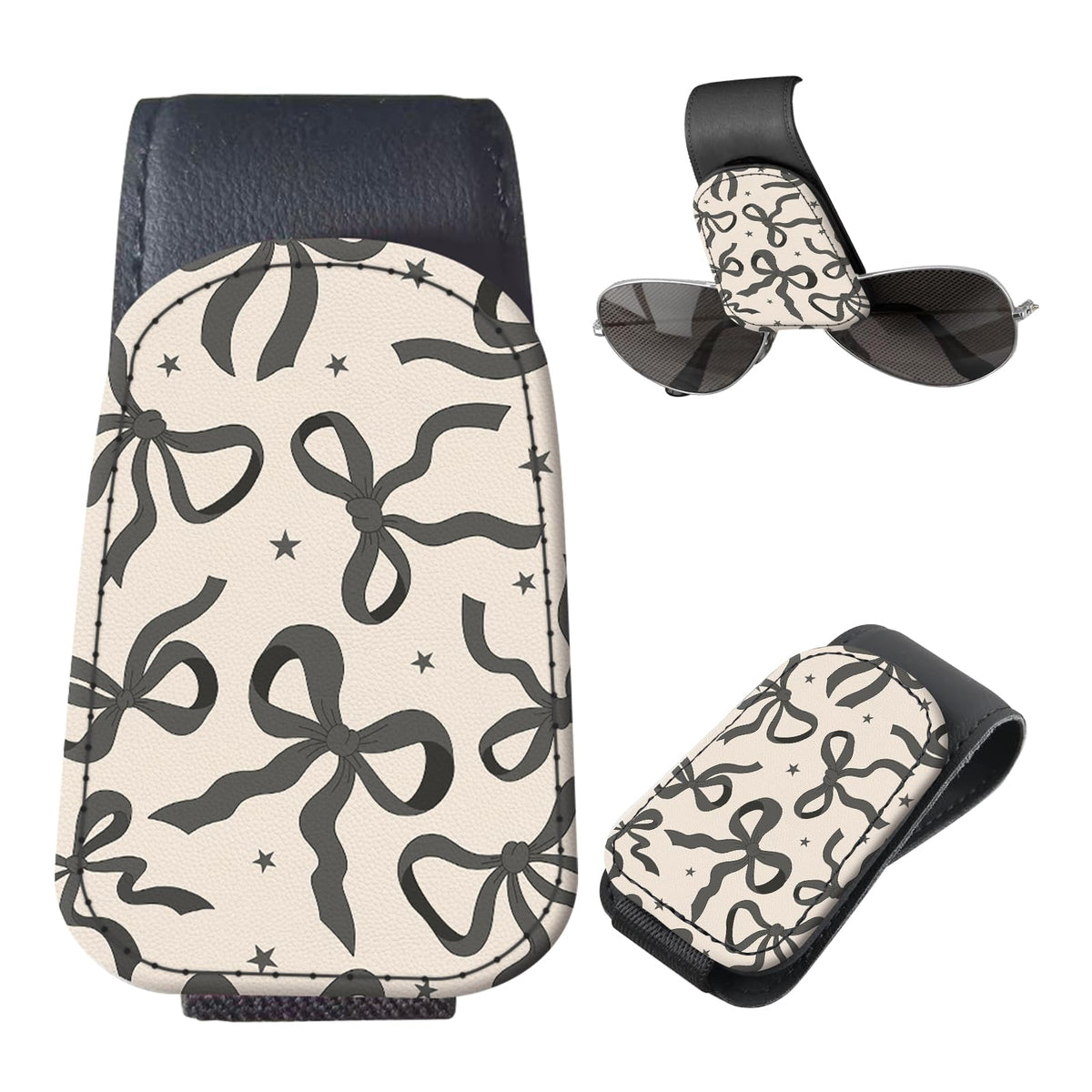 Sunglasses Holder for Car Visor, PU Leather Glasses Clip Organizer, Cute Magnetic Eyeglass Holder for Vehicle Sun Visor, Car Interior Accessory for Women & Men Pastel Cat Stack