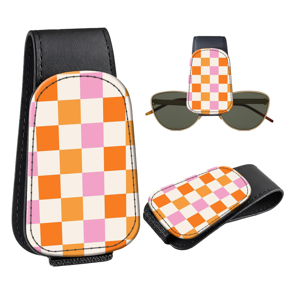 Leather Magnetic Sunglass Holder for Car Sun Visor, Cute Eyeglass Ticket Card Hanger Clip, Universal Auto Interior Accessories for SUV Pickup Truck, Sun Moon