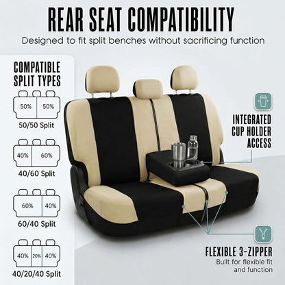 Automotive Seat Covers Beige Black Universal Fit Seat Cover Combo Set with Steering Wheel Cover and Seat Belt Pad (Airbag Compatible and Split Bench)