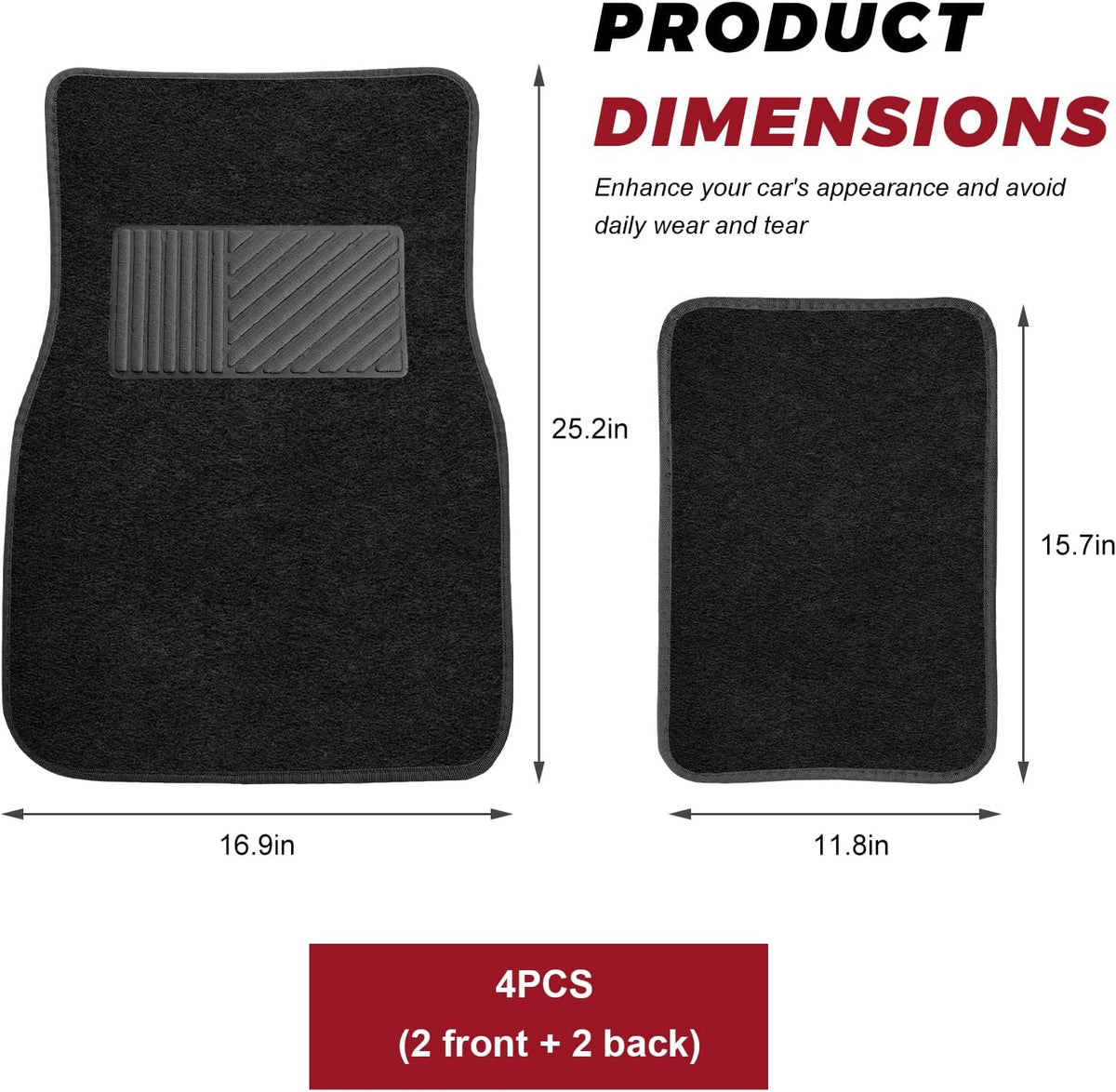 4 PCS Car Floor Mats, Anti-Slip Front & Rear Auto Protective Carpets with Driver Heel Pad, Universal All Weather Floor Mat Classic Matching Heel Pad for Car Truck SUV (Black)