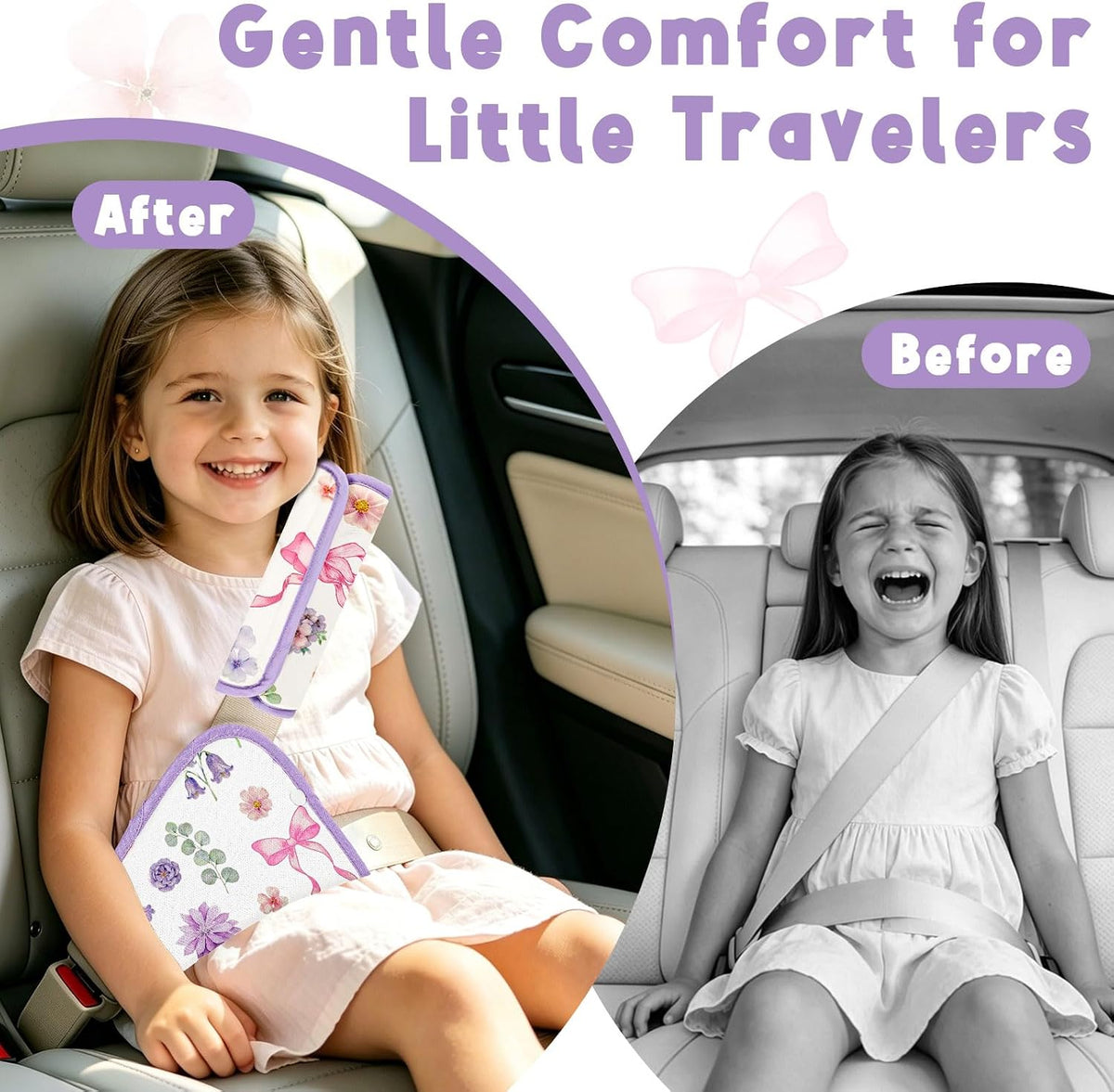 Kids Seat Belt Cover Pads, Pea Pod Children Universal Shoulder & Belly Protective Padding, Breathable Car Seat Strap Cushion Covers for Boys Girls (Floral&Bows)