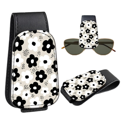 Leather Magnetic Sunglass Holder for Car Sun Visor, Cute Eyeglass Ticket Card Hanger Clip, Universal Auto Interior Accessories for SUV Pickup Truck, Beige Flower