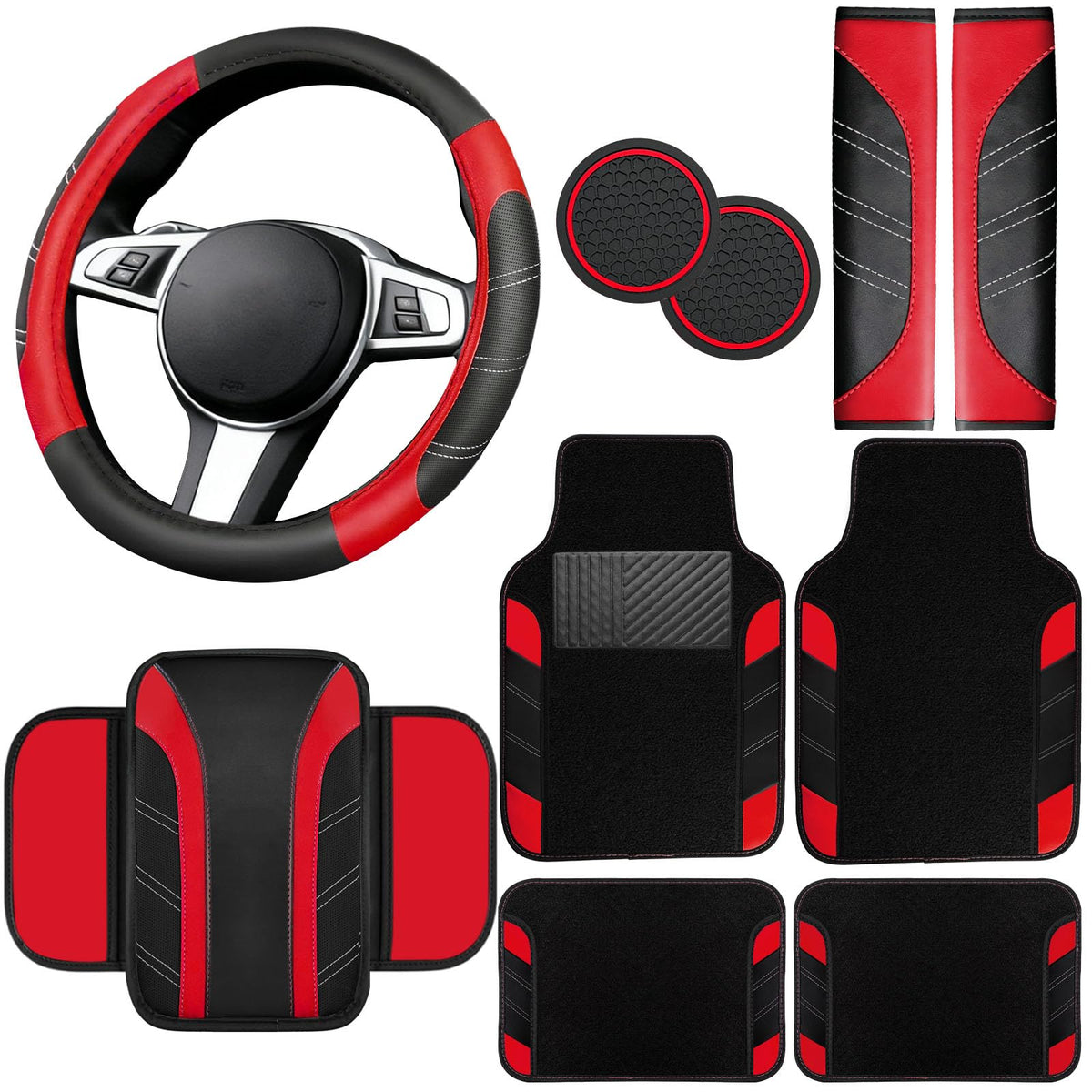 NBTEPEM 6 Pcs Pink Steering Wheel Cover Set, Sport Microfiber Leather Steering Wheel Cover 14.5-15inch Universal, Car Center Console Cover, Seat Belt Cushion, Cup Coasters, Pink Car Accessories Set