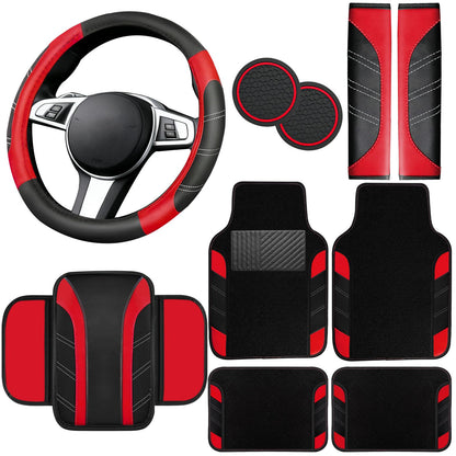 NBTEPEM 6 Pcs Pink Steering Wheel Cover Set, Sport Microfiber Leather Steering Wheel Cover 14.5-15inch Universal, Car Center Console Cover, Seat Belt Cushion, Cup Coasters, Pink Car Accessories Set