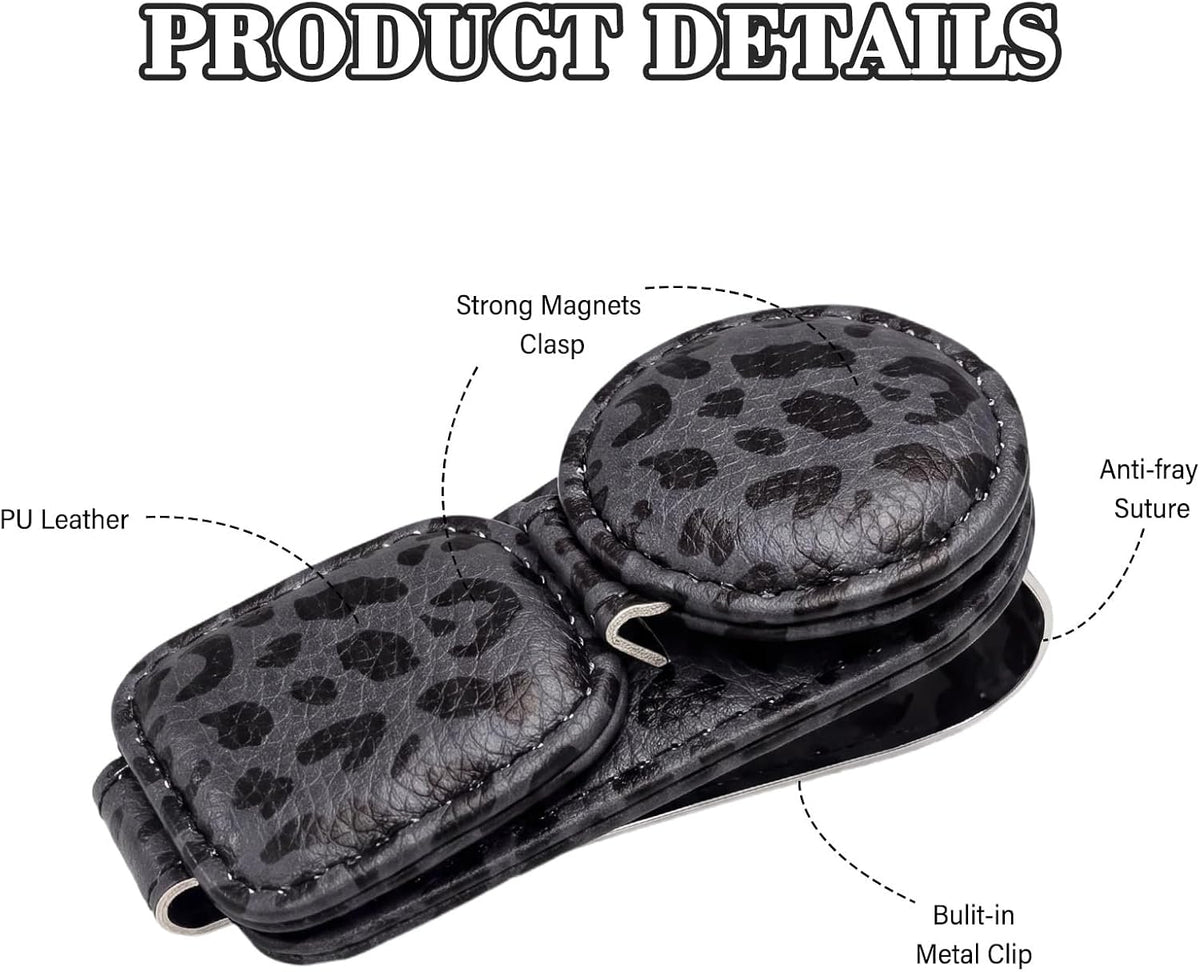 Dual Clip Car Sunglasses Holder, Applicable to Most Eyeglasses, Magnetic Leather Sun Glasses Mount Clip on Visors, Holds 2 Pairs of Glasses, Car Interior Visor Accessories (Leopard-Black)