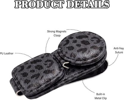 Dual Clip Car Sunglasses Holder, Applicable to Most Eyeglasses, Magnetic Leather Sun Glasses Mount Clip on Visors, Holds 2 Pairs of Glasses, Car Interior Visor Accessories (Leopard-Black)