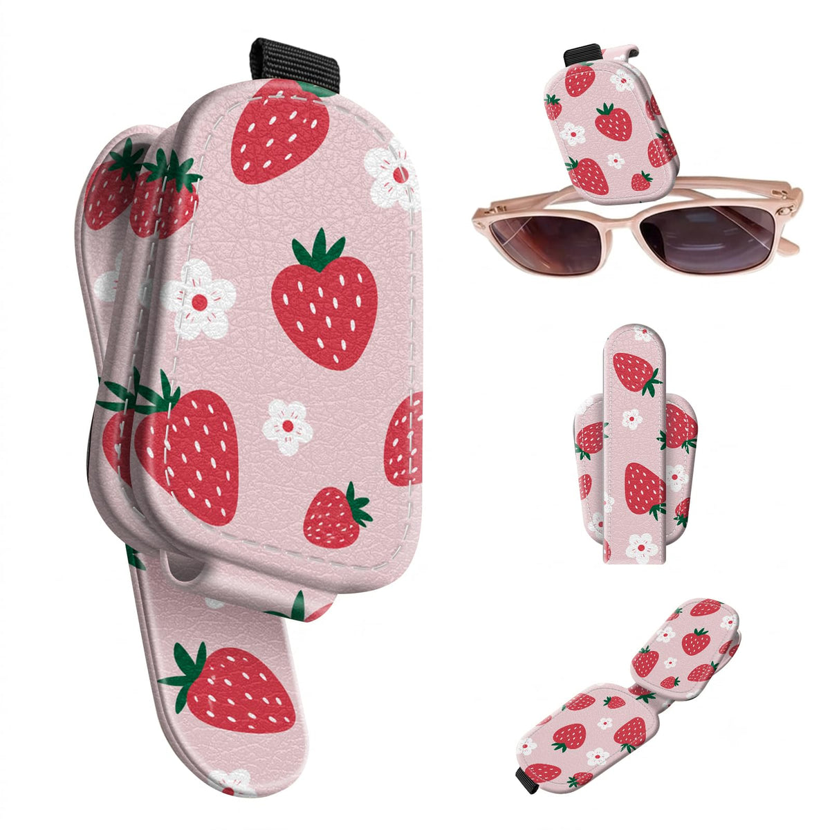 Sunglasses Holder for Car Visor, PU Leather Glasses Clip Organizer, Cute Magnetic Eyeglass Holder for Vehicle Sun Visor, Car Interior Accessory for Women & Men, Tiny Strawberries