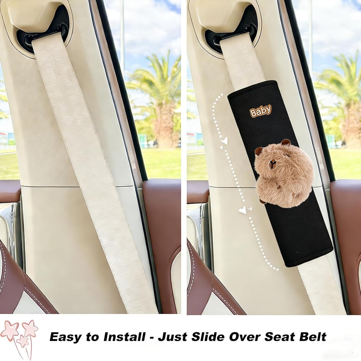 BoAn 2PCS Black Capybara Seat Belt Cover, Cute Soft Shoulder Pad for Adults